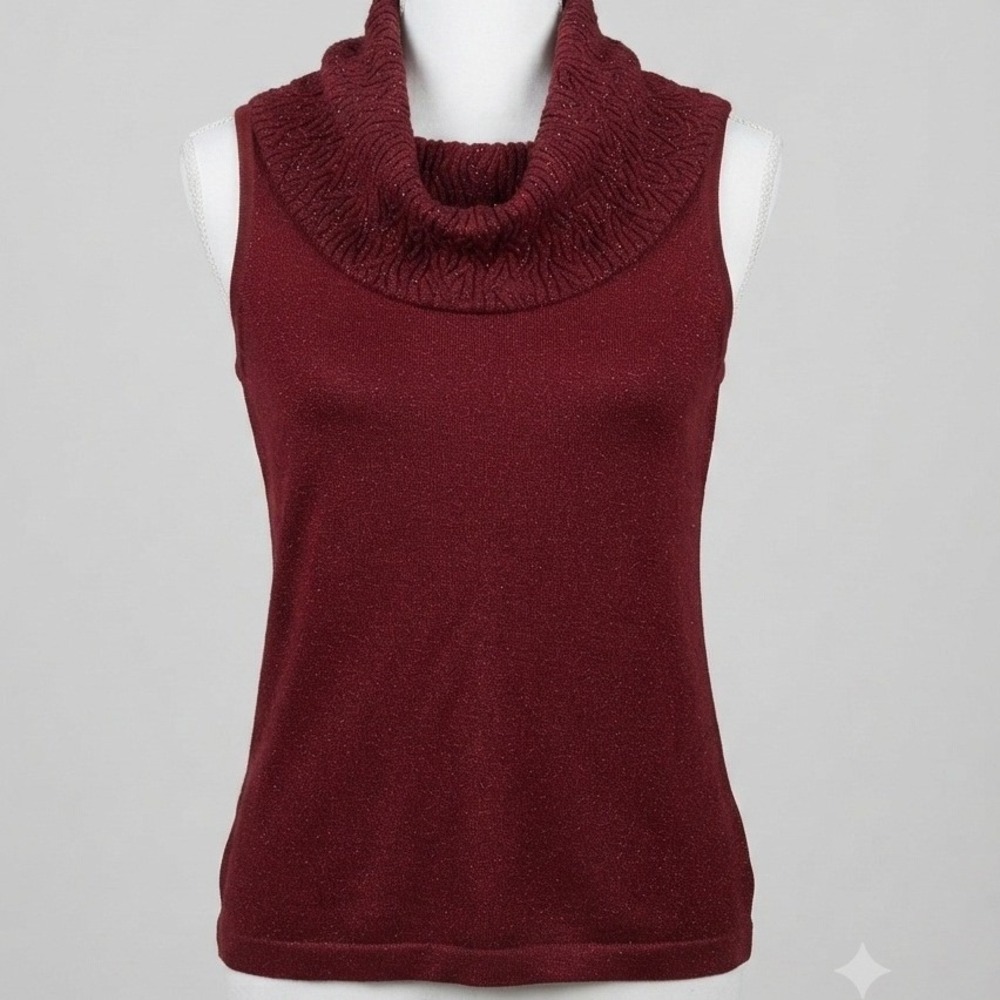 Emma James Womens Burgundy Metallic Cowl Neck Beaded Sleeveless Sweater Large